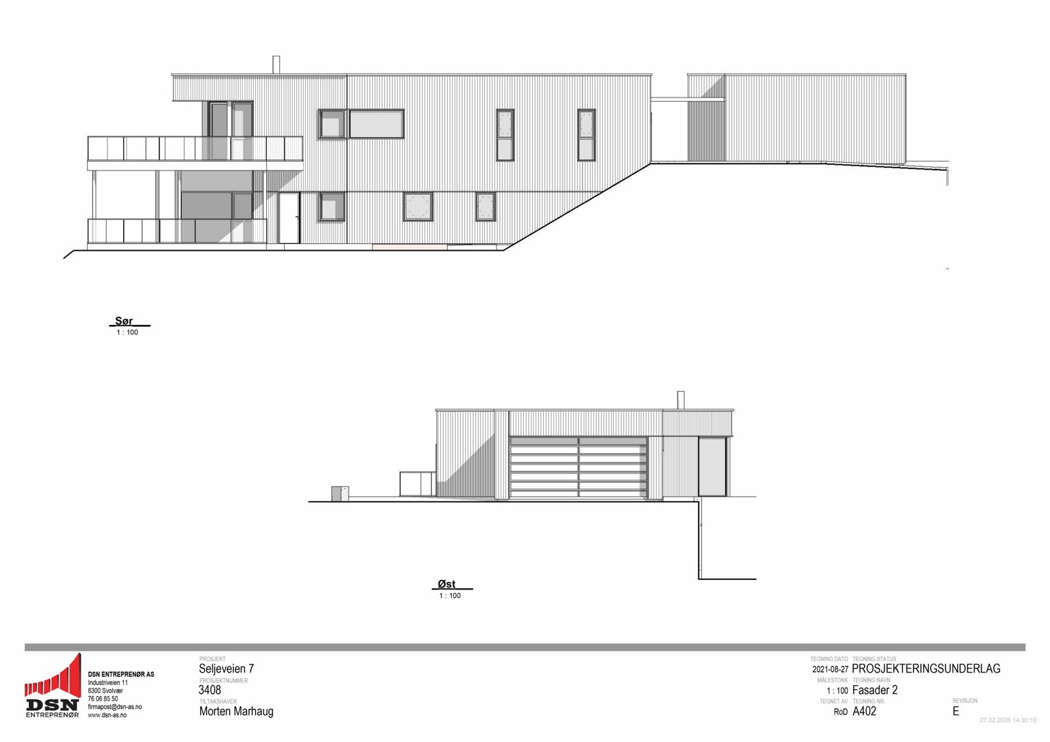 Fasadetegning som viser bygningens utseende fra to ulike vinkler (Sør og Øst).