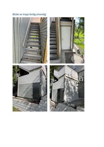 Fotografier av en ferdig utvendig trapp og tilhørende fasadeelementer.