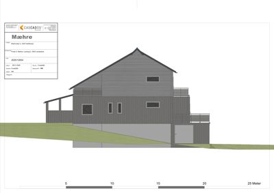 Fasadetegning som viser bygningens utseende fra en bestemt vinkel, inkludert takform, vinduer og balkonger.