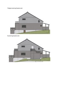 Bildet viser to fasadetegninger (vestfasade) av en bygning: en tidligere løsning og en ny løsning med endringer i vinduer, trapp og terreng.