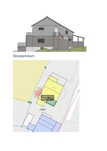 Bildet viser en situasjonsplan med etasjeplaner, tomtedimensjoner og bygningsplassering.