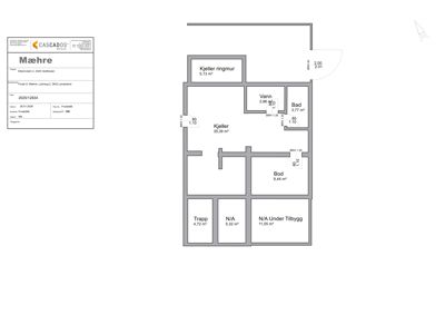 Etasjeplan for kjelleretasje med romfordeling, arealer og døråpninger.
