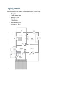 Plantegning av 2. etasje som viser romfordeling, arealer og inngang.