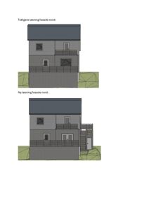Bildet viser to fasadetegninger (opprikk) av en bygning sett fra nord: 'Tidligere løsning' og 'Ny løsning'. Det illustrerer endringer i arkitektonisk utforming, vinduer, balkonger og tilføyelser.