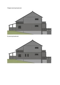 Bildet viser to fasadetegninger av en bygning sett fra øst. Øverst er 'Tidligere løsning' og nederst er 'Ny løsning', som sammenligner hvordan fasaden ser ut før og etter endringer.