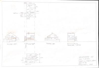 Fasadetegning som viser oppriss av bygningens utsyn fra fire sider (Vest, Sør, Øst, Nord) samt en snittegning (Snitt A) og en planutsnitt.