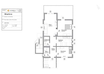 Etasjeplan (1. etasje) for en bolig med romfordeling, mål og innredning.