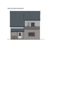 Fasadetegning som viser bygningens utseende sett fra sør, inkludert takform, vinduer, dører og fasadematerialer.