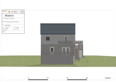 Fasadetegning som viser bygningens utseende fra fronten, inkludert tak, vinduer, balkonger og trapp.
