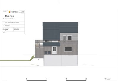 Fasadetegning som viser bygningens utseende fra en bestemt vinkel, inkludert takform, vinduer og fasadematerialer.