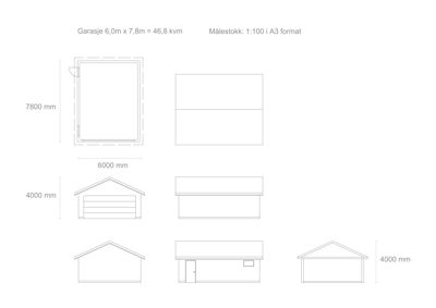 Fasadetegning for en garasje med oppgitt mål (6,0m x 7,8m) og målestokk 1:100. Tegningen viser utsnitt av bygningen sett fra ulike vinkler (front, side, og taklinje).