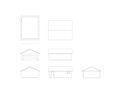 Fasadetegning for en garasje med oppgitt mål (6,0m x 7,8m) og målestokk 1:100. Tegningen viser utsnitt av bygningen sett fra ulike vinkler (front, side, og taklinje).