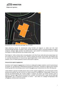 Kartutsnitt som viser alternative plasseringsalternativer for en garasje (røde rektangler) i forhold til eksisterende bebyggelse (oransje form) og regulert byggegrense (grønn linje).