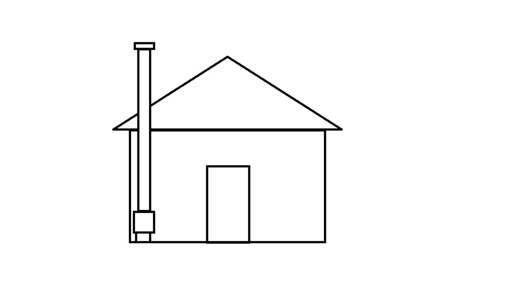 En forenklet tegning som viser fasaden på en bygning sett fra fronten, med tak, dør og røykledning.