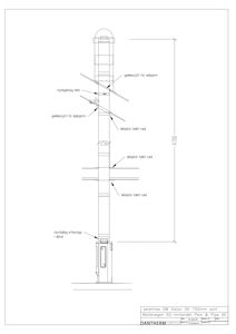 Tegning som viser detaljert oppriss av en ventilasjonsrør (Jeremias DW Vision 50), med mål, komponenter og monteringsdetaljer.