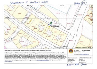 Eierboksplan (situasjonsplan) for Strandkaien 4 i Bergen kommune, som viser eiendomsnummer, grenser og naboeiendommer.
