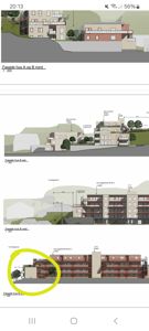 Bildet viser en samling fasadetegninger (opprikk) for flere husblokker, med mål og detaljer om fasadebehandling.