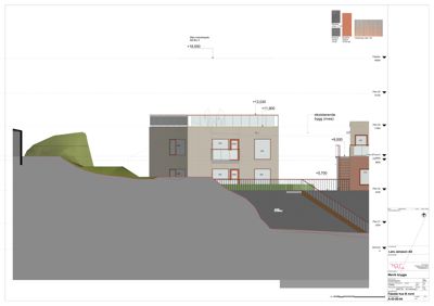 Fasadetegning som viser bygningens utside, høyder, materialvalg og terrengforhold.