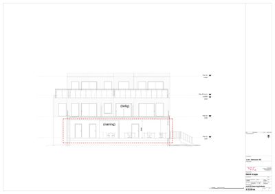 Fasadetegning som viser bygningens utvendige profil, vindusoppsett og høyder.