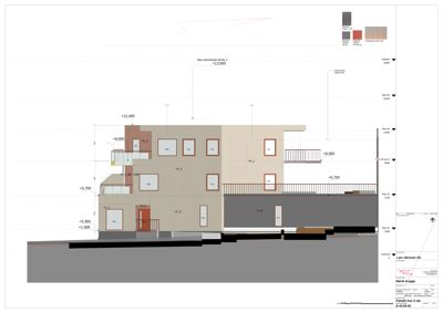 Fasadetegning som viser bygningens utvendige utseende, høyder, vinduer og materialvalg.