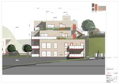 Fasadetegning som viser bygningens utside med høydeangivelser, vindusoppsett og materialvalg.