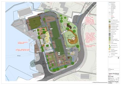 Situasjonsplan som viser bygningens plassering i forhold til tomtegrenser, vei, naboeiendom og utendørs arealer (hage, parkeringsplass).
