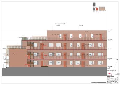 Fasadetegning som viser bygningens utvendige utseende, vindusoppsett, balkonger og materialvalg.
