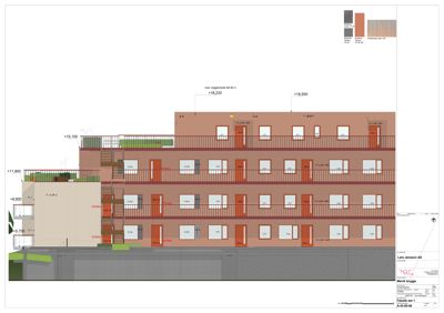 Fasadetegning som viser bygningens utside med vinduer, dører, balkonger og fasadematerialer.