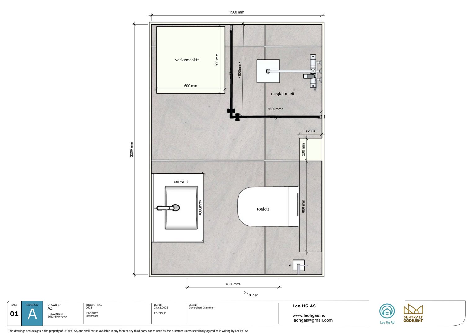 Etasjeplan for et bad med plassering av vaskemaskin, dusjkabinett, skøyte og toalett.