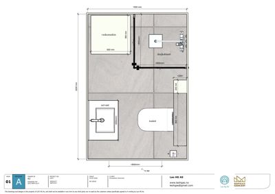 Etasjeplan for et bad med plassering av vaskemaskin, dusjkabinett, skøyte og toalett.