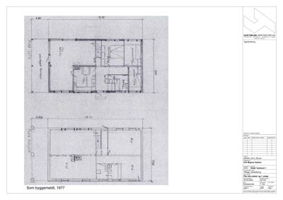 Plantegning som viser romfordeling og dimensjoner for etasjen (1. etasje) og kjelleren i en bygning.