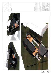 3D-visualisering (rendering) av et hus sett fra en vinkel som viser tak, fasade og omgivelser. Bildet inneholder også mindre detaljerte utsnitt av samme bygning.