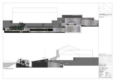 Tegning som viser fasadeoppsett, høyder og detaljer for en garasje og tilhørende vegger.