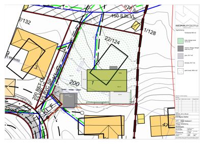 Situasjonsplan som viser tomtens beliggenhet, grenser, nabotomter, eksisterende og planlagt bebyggelse samt terrengforhold.