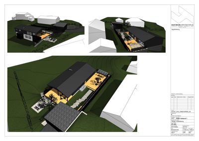 3D-visualisering (rendering) av et husprosjekt sett fra ulike vinkler, inkludert omgivelser og terreng.