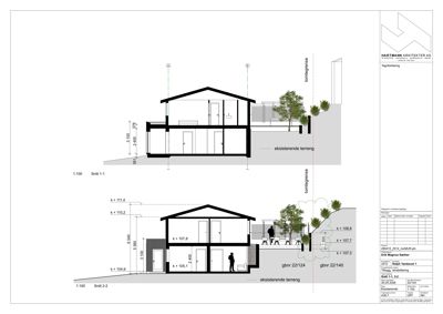 Snittegning (Snitt 1-1 og Snitt 2-2) som viser bygningens tverrsnitt, høyder, terrengforhold og eksisterende terreng.