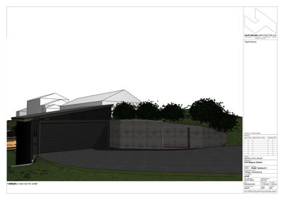 3D-visualisering (rendering) av fasade og terrengforhold for et hus.