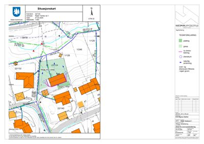 Situasjonskart som viser eiendommen med omgivende tomter, vegnett, vannløp og planlagt utbygging.