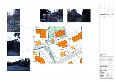 Situasjonsplan med tegnet oppriss av bygningene (oranje felter) og tilhørende situasjonsfotografier som viser eksisterende forhold.