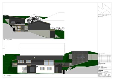 Fasadetegning som viser bygningens utseende fra nordøst (NB) og nordvest (NV), inkludert terrengforhold og detaljer som vinduer og materialer.