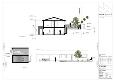 Snittegning (SNITT 1-1 og SNITT 2-2) som viser bygningens tverrsnitt, høyder, innredning og terrengforhold.