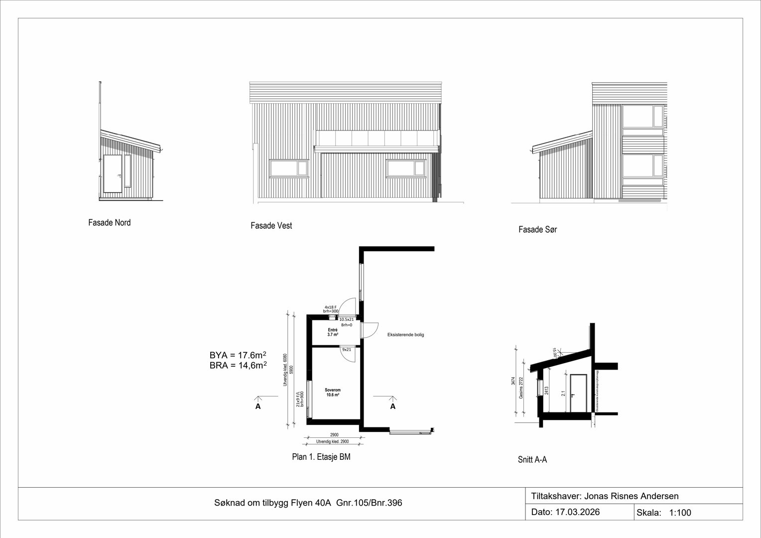 Bildet viser en tegning med fasadeopprikk (Fasade Nord, Vest og Sør) samt et snitt (Snitt A-A) og et etasjeskisse (Plan 1).