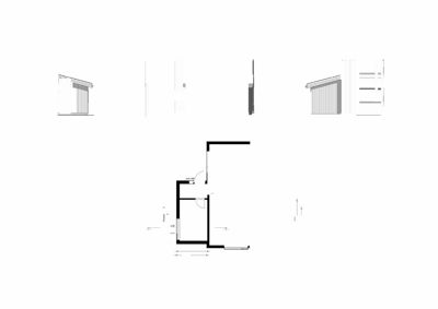 Bildet viser en tegning med fasadeopprikk (Fasade Nord, Vest og Sør) samt et snitt (Snitt A-A) og et etasjeskisse (Plan 1).