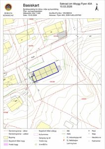 Basiskart (situasjonsplan) som viser eiendomsgrenser, høydekurver, eksisterende bygninger og planlagt tiltak for en byggesøknad.