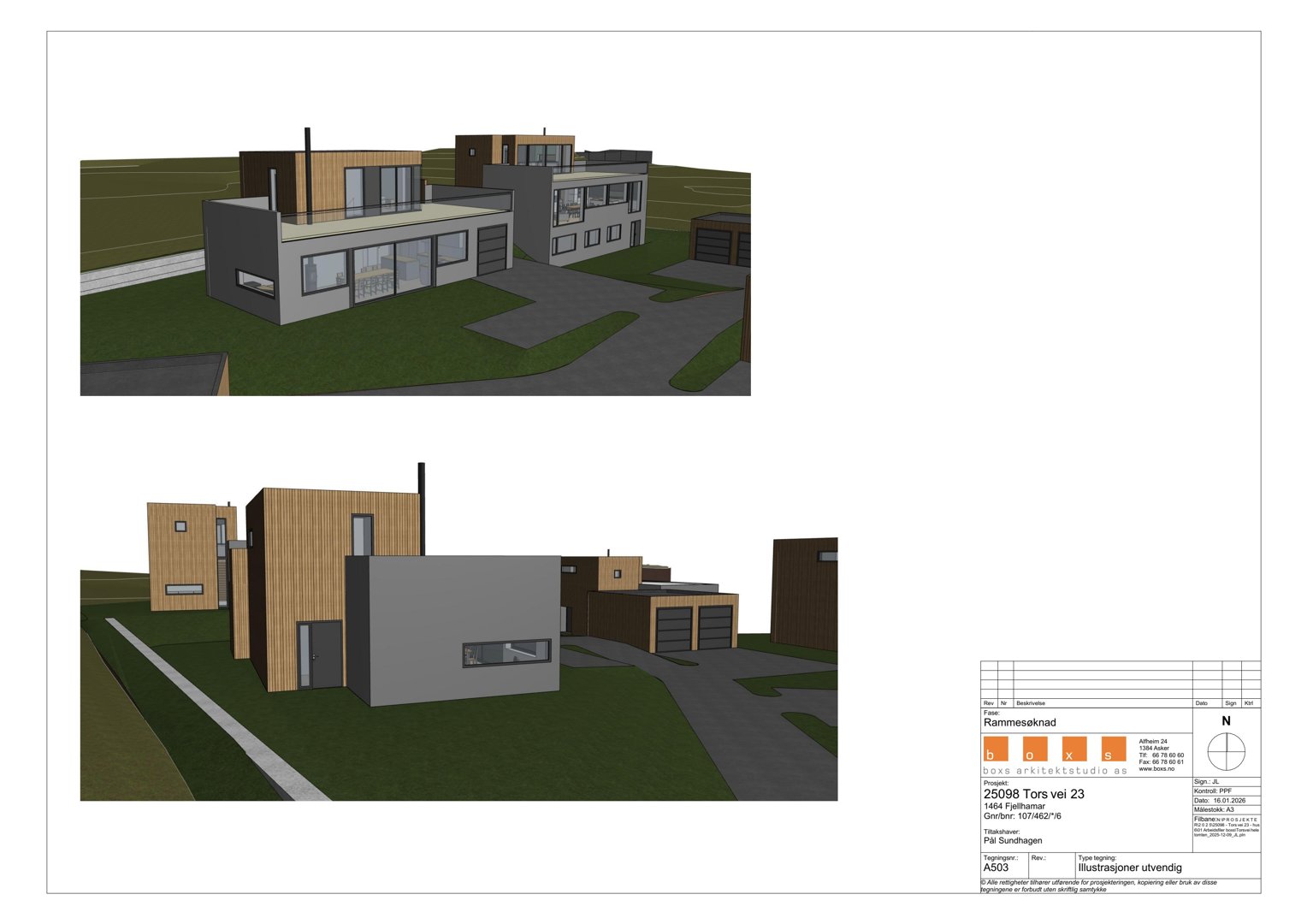 3D-visualisering (rendering) av et husprosjekt sett fra ulike vinkler, med tilhørende tegningshode som bekrefter at det er en illustrasjon.
