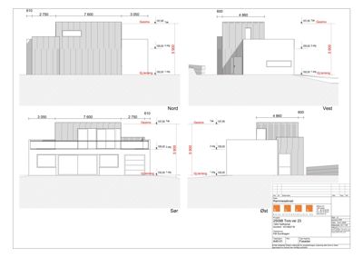 Fasadetegning som viser bygningens utseende fra fire sider (Nord, Vest, Sør og Øst) med mål og høyder.