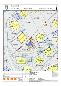 Situasjonskart som viser tomtene, bygninger og infrastruktur i området.