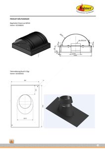 Produktmåltegninger for takutstyr (regnhetter og takinndekning) med mål og konstruksjonsskisser.