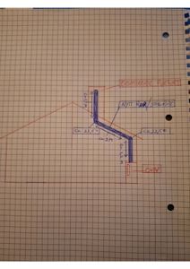 Håndtegnet detaljtegning av en rørføring med mål og notasjoner om isolasjon og materialer.
