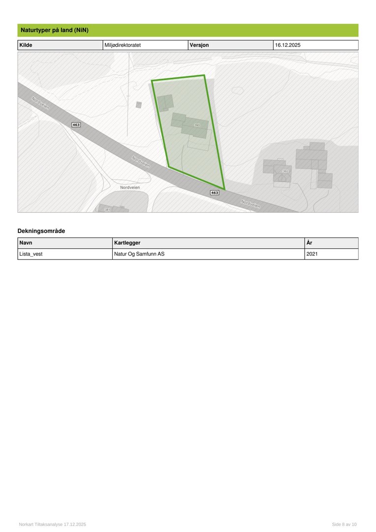 Kart over naturtyper (NIN) som viser et dekningsområde med en grønn markert tomt og veier.